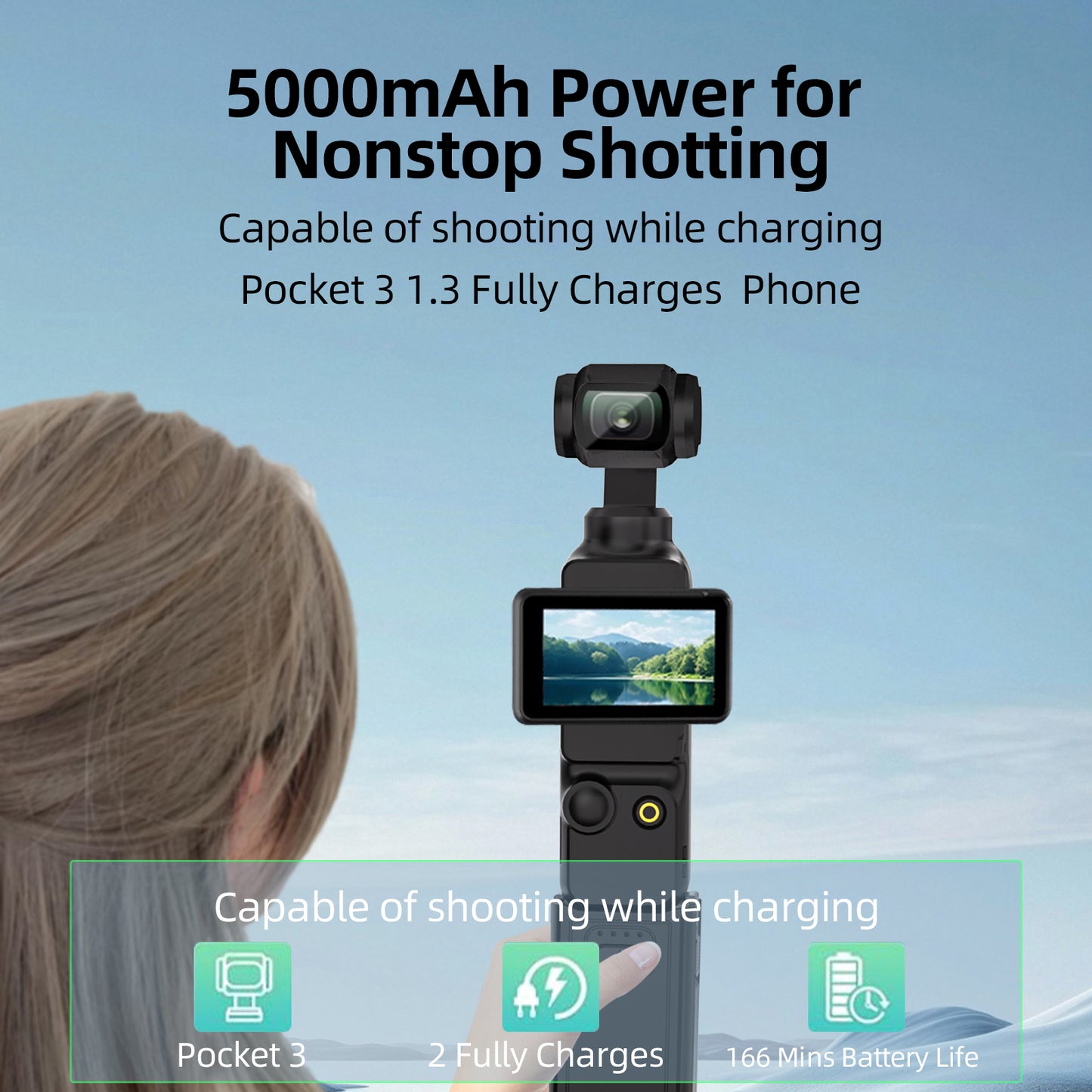 Pocket 3 Charging Handle – Extended Power Grip with Fast Charging and Tripod Mount for Action Camera