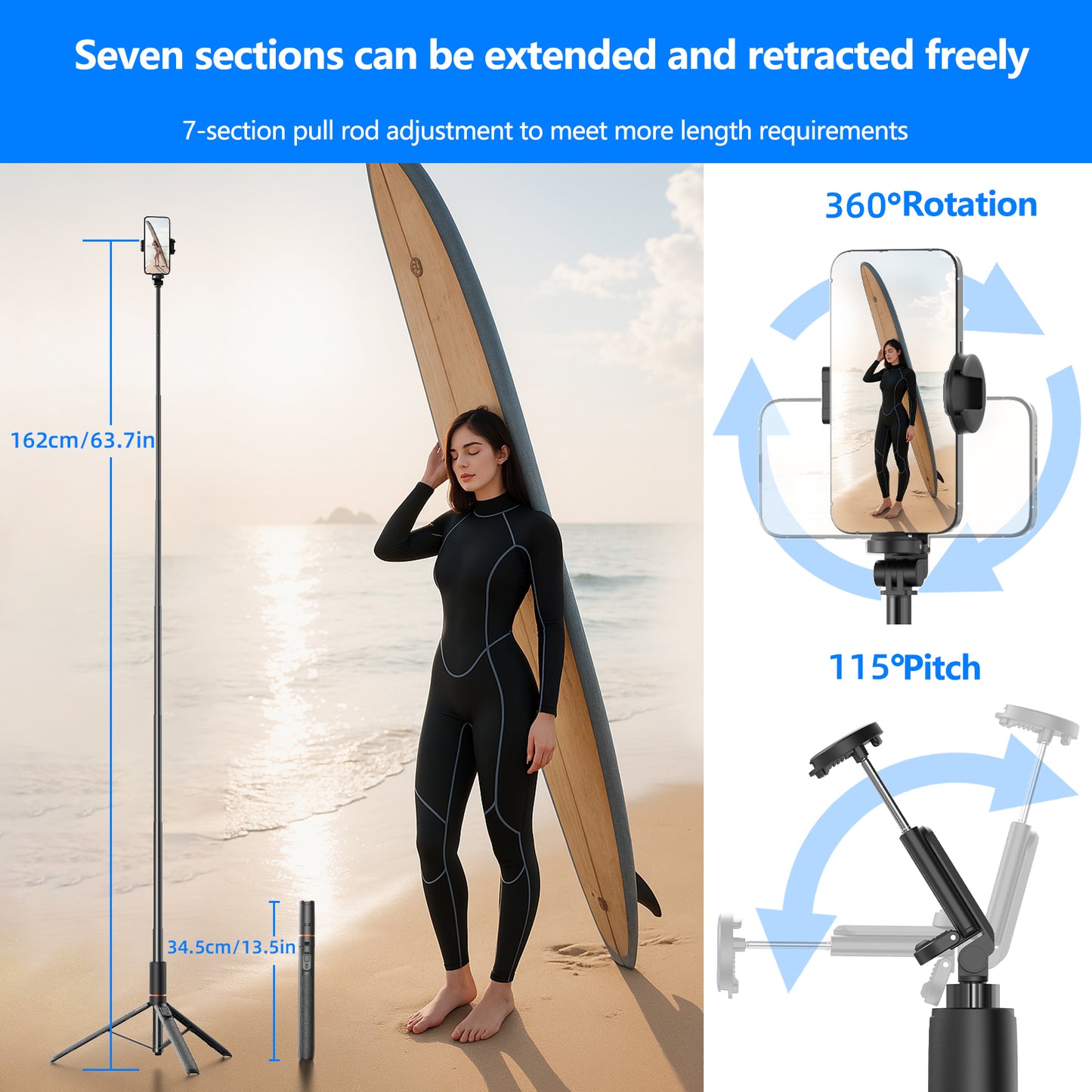106BE Aluminum Alloy Bluetooth Selfie Stick Tripod, 162cm Extendable